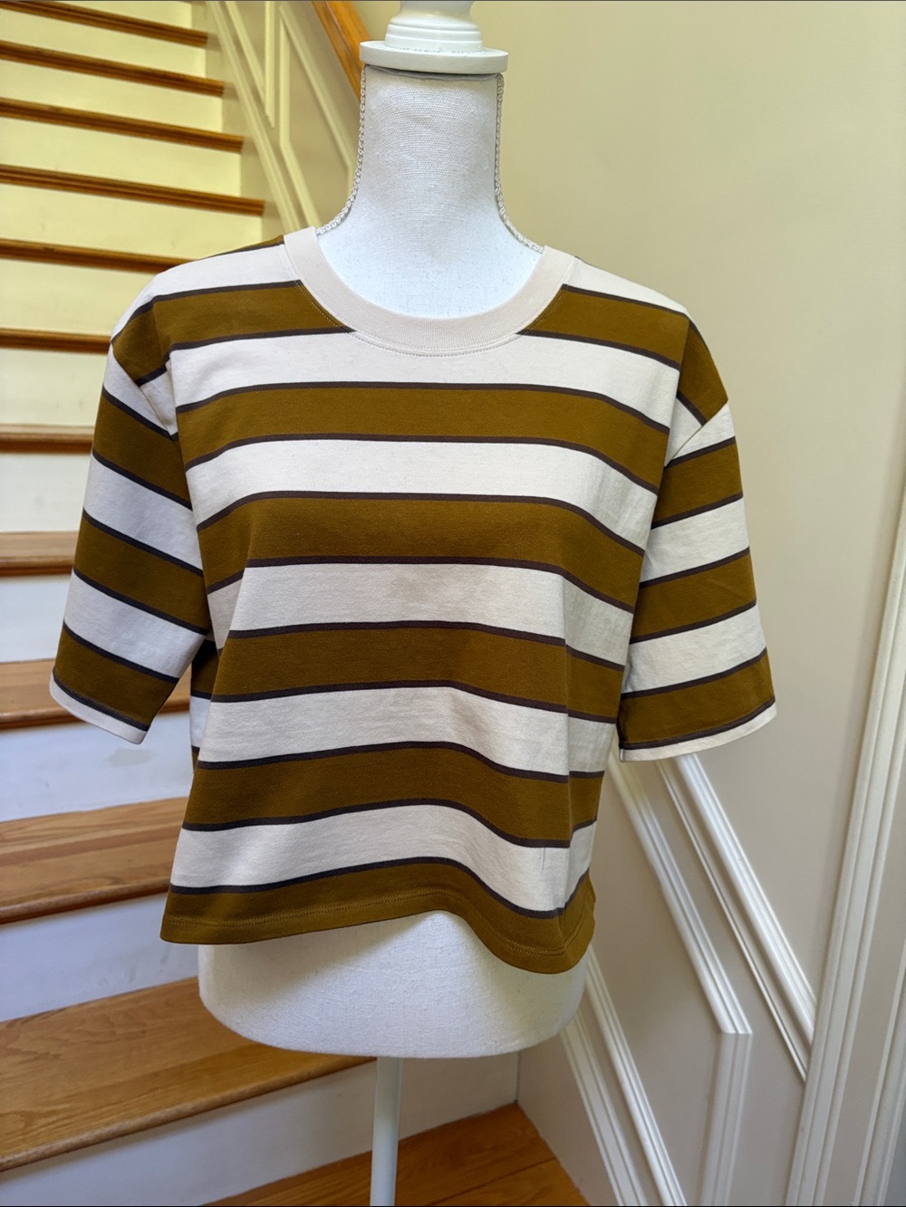 Sezane Olive & Cream Striped Crop Top